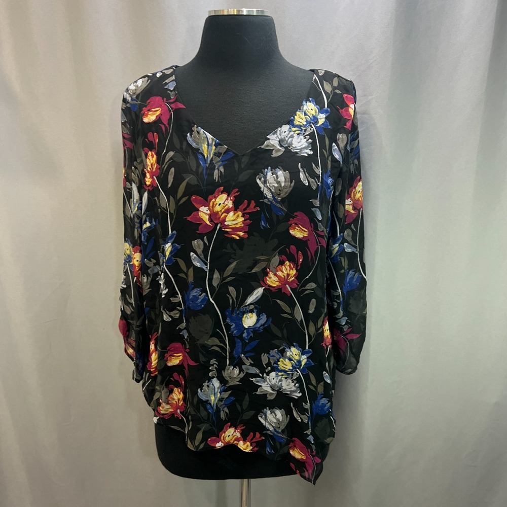 Apt. 9 Blouse Top Women XL Black Floral Print Sheer 3/4 Sleeves Asymmetrical Hem
